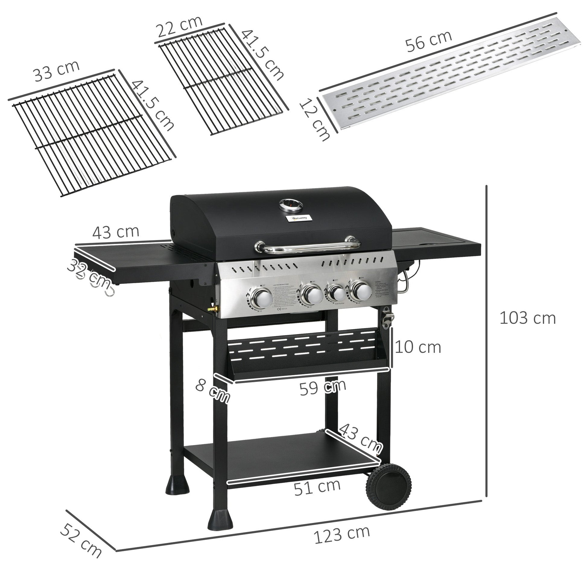 3+1 Gas Burner Grill, 11.5 kW Propane Gas Barbecue BBQ Grill with Wheels, Warming Rack, Shelves, Thermometer, Bottle Opener, Black