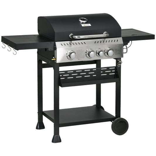 3+1 Gas Burner Grill, 11.5 kW Propane Gas Barbecue BBQ Grill with Wheels, Warming Rack, Shelves, Thermometer, Bottle Opener, Black