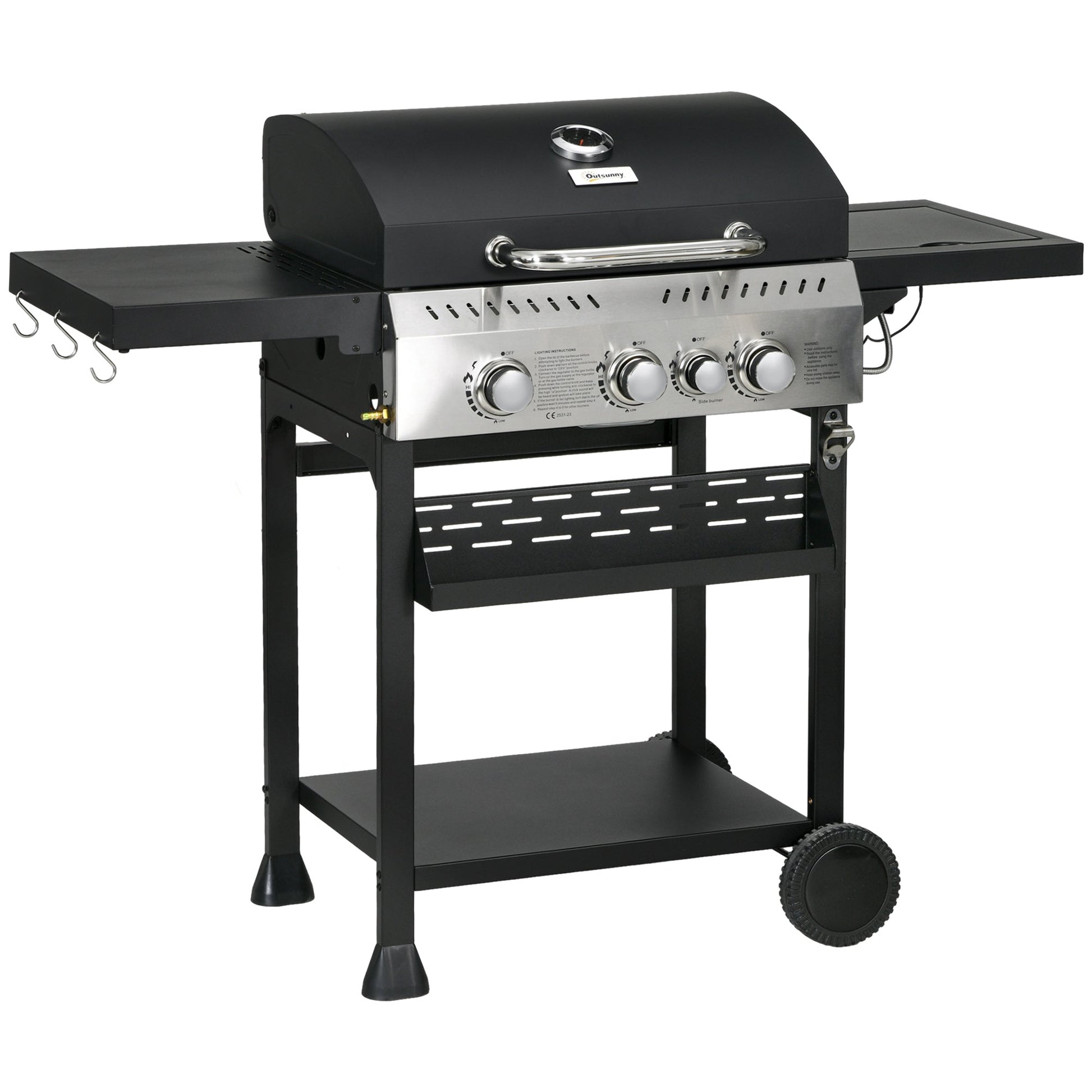 3+1 Gas Burner Grill, 11.5 kW Propane Gas Barbecue BBQ Grill with Wheels, Warming Rack, Shelves, Thermometer, Bottle Opener, Black