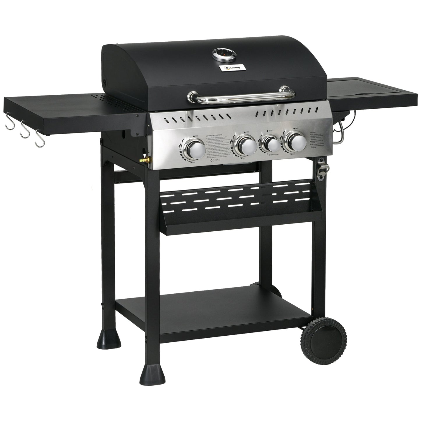 3+1 Gas Burner Grill, 11.5 kW Propane Gas Barbecue BBQ Grill with Wheels, Warming Rack, Shelves, Thermometer, Bottle Opener, Black
