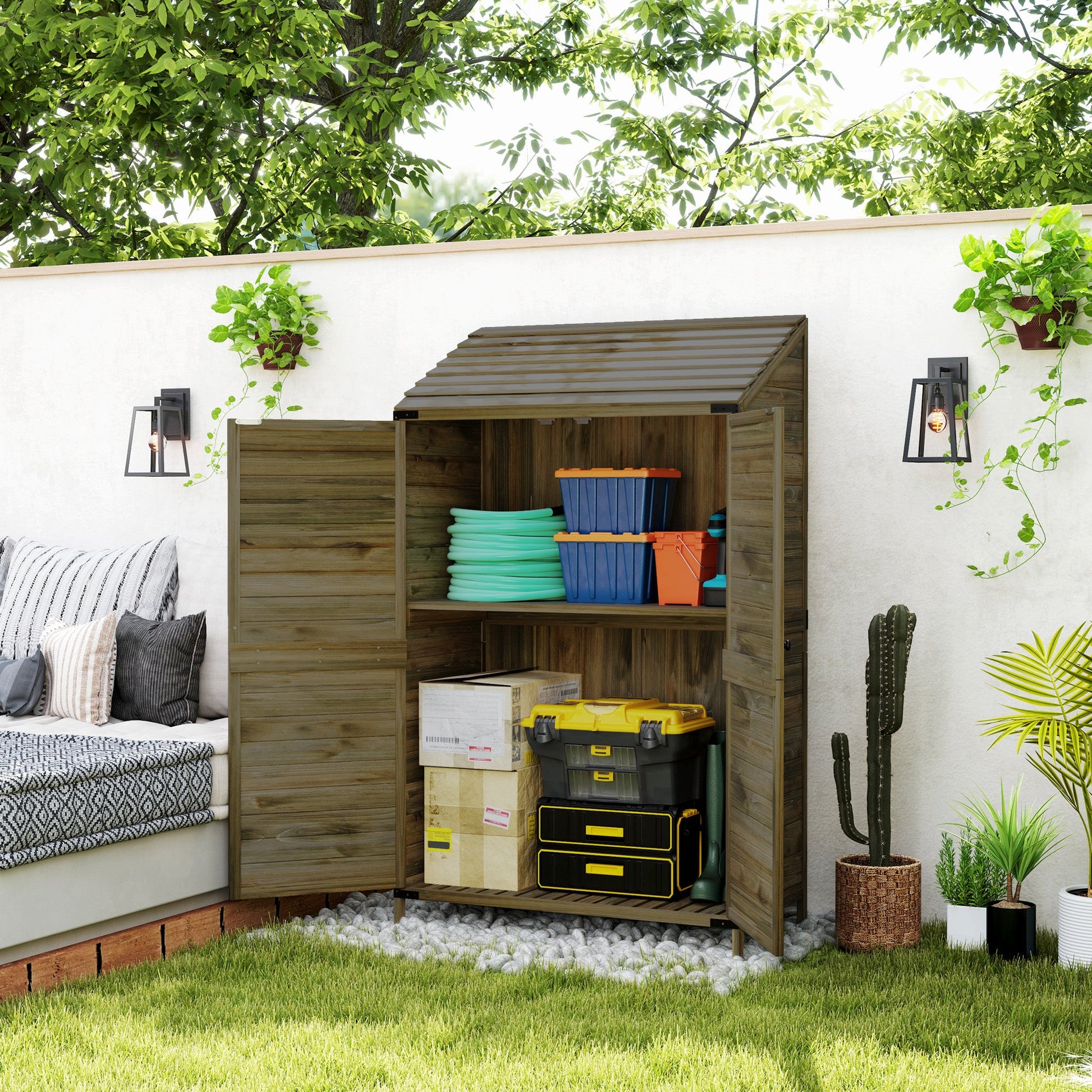 Lean to Wooden Garden Shed, Garden Tool Storage Shed with Double Doors and Shelves, Outdoor Storage Cabinet for Patio Garden, Green