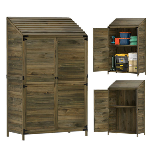 Lean to Wooden Garden Shed, Garden Tool Storage Shed with Double Doors and Shelves, Outdoor Storage Cabinet for Patio Garden, Green