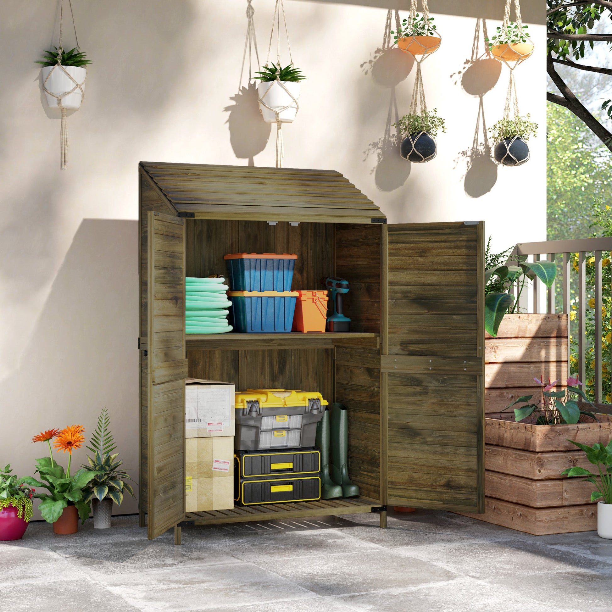 Lean to Wooden Garden Shed, Garden Tool Storage Shed with Double Doors and Shelves, Outdoor Storage Cabinet for Patio Garden, Green