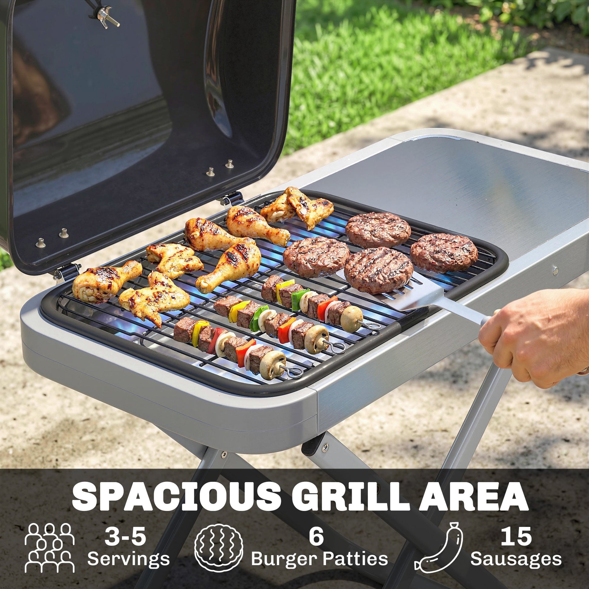 Foldable Gas BBQ Grill with Side Table, Portable Gas Barbecue Grill with Folding Trolley, Thermometer, Grease Box, Wheels for Garden Party Camping Picnic Outdoor Cooking, 2.5 kW, Black