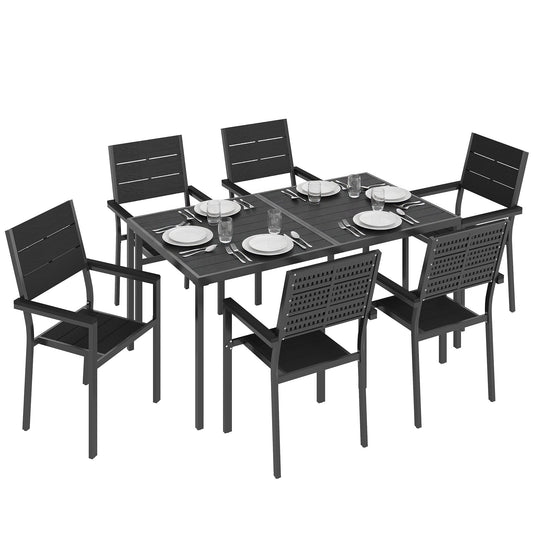 7 Pieces Outdoor Dining Set, Patio Table and Chairs for 6, Garden Dining Furniture Set with Slatted Tabletop and Metal Frame for Balcony, Patio, Backyard, Black