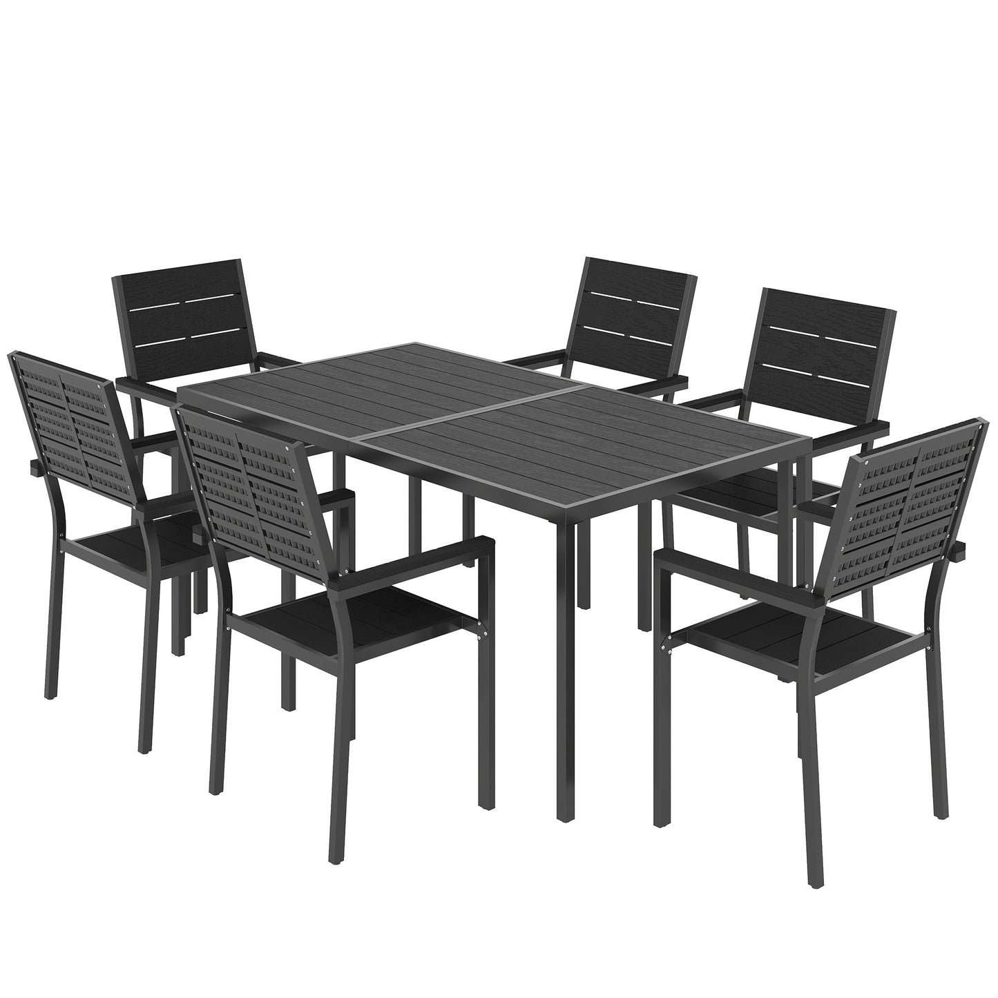 7 Pieces Outdoor Dining Set, Patio Table and Chairs for 6, Garden Dining Furniture Set with Slatted Tabletop and Metal Frame for Balcony, Patio, Backyard, Black