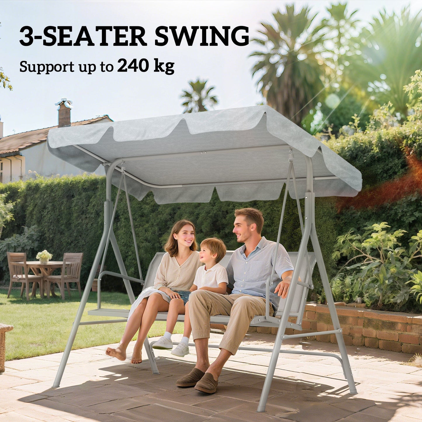 3 Seater Swing Chair, Garden Swing Bench with Adjustable Tilting Canopy, Breathable Mesh Seat and Heavy Duty Metal Frame for Patio, Yard, Light Grey