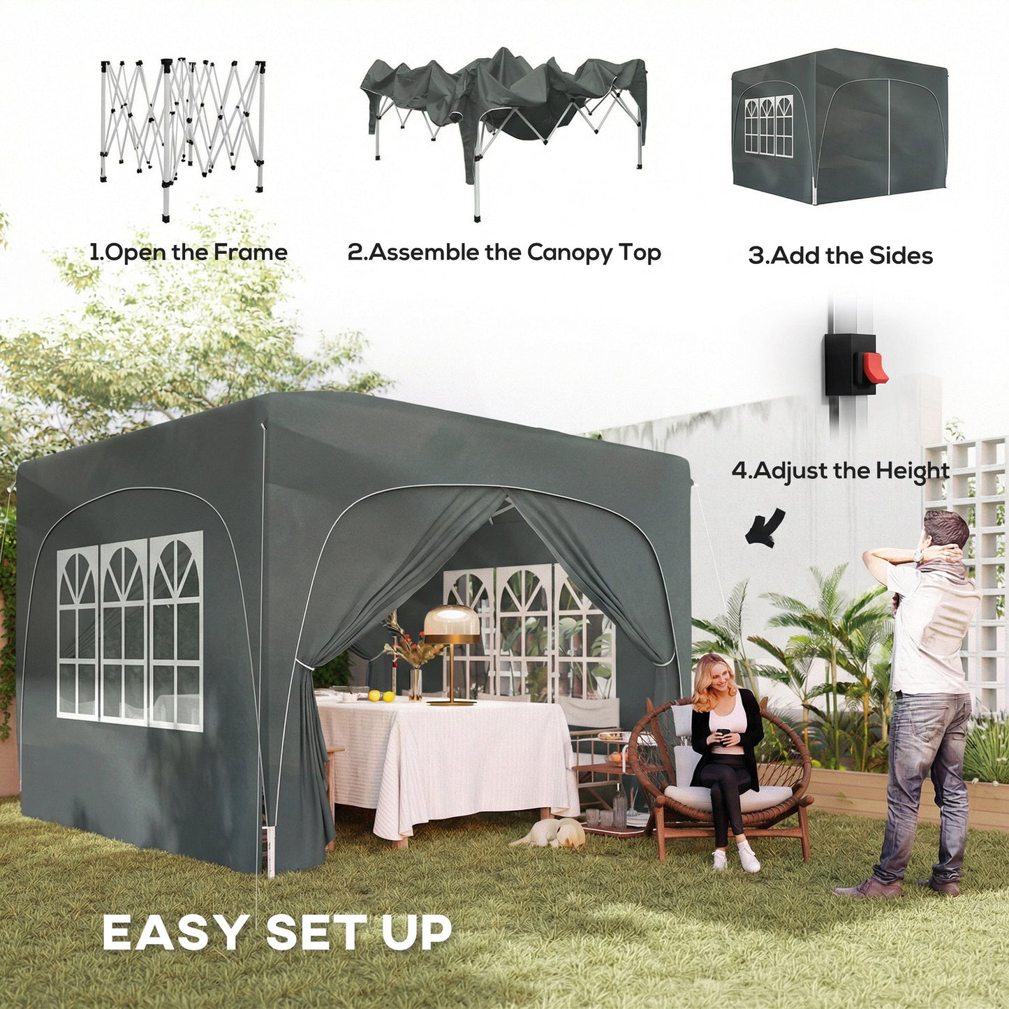 3 x 3(m) Pop Up Gazebo with Sides and Carry Bag, UPF50+, Height Adjustable Party Tent Instant Event Shelter for Garden, Outdoor, Patio, Dark Grey