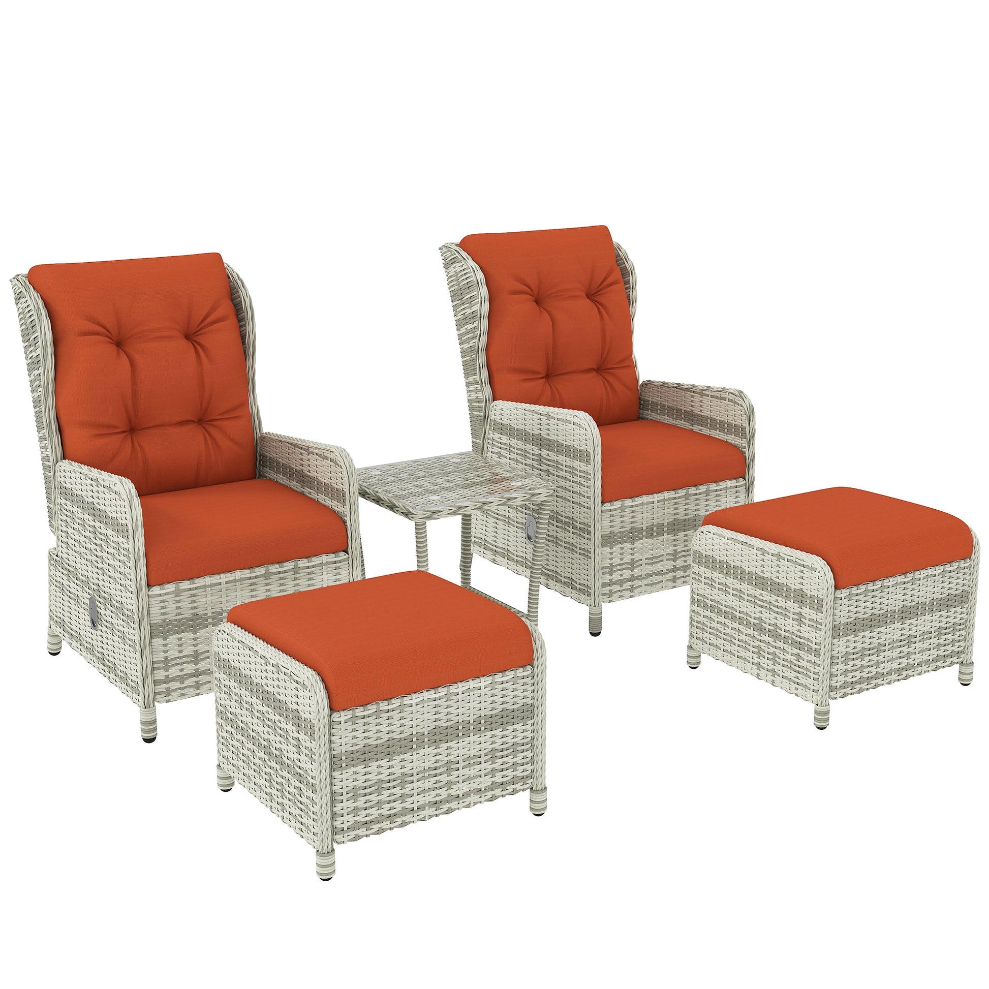 5 Pieces Rattan Bistro Set with Adjustable Back, Reclining Wicker Balcony Furniture with Cushions, Glass Top Coffee Table and Footstools, Outdoor Table and Chairs, Orange