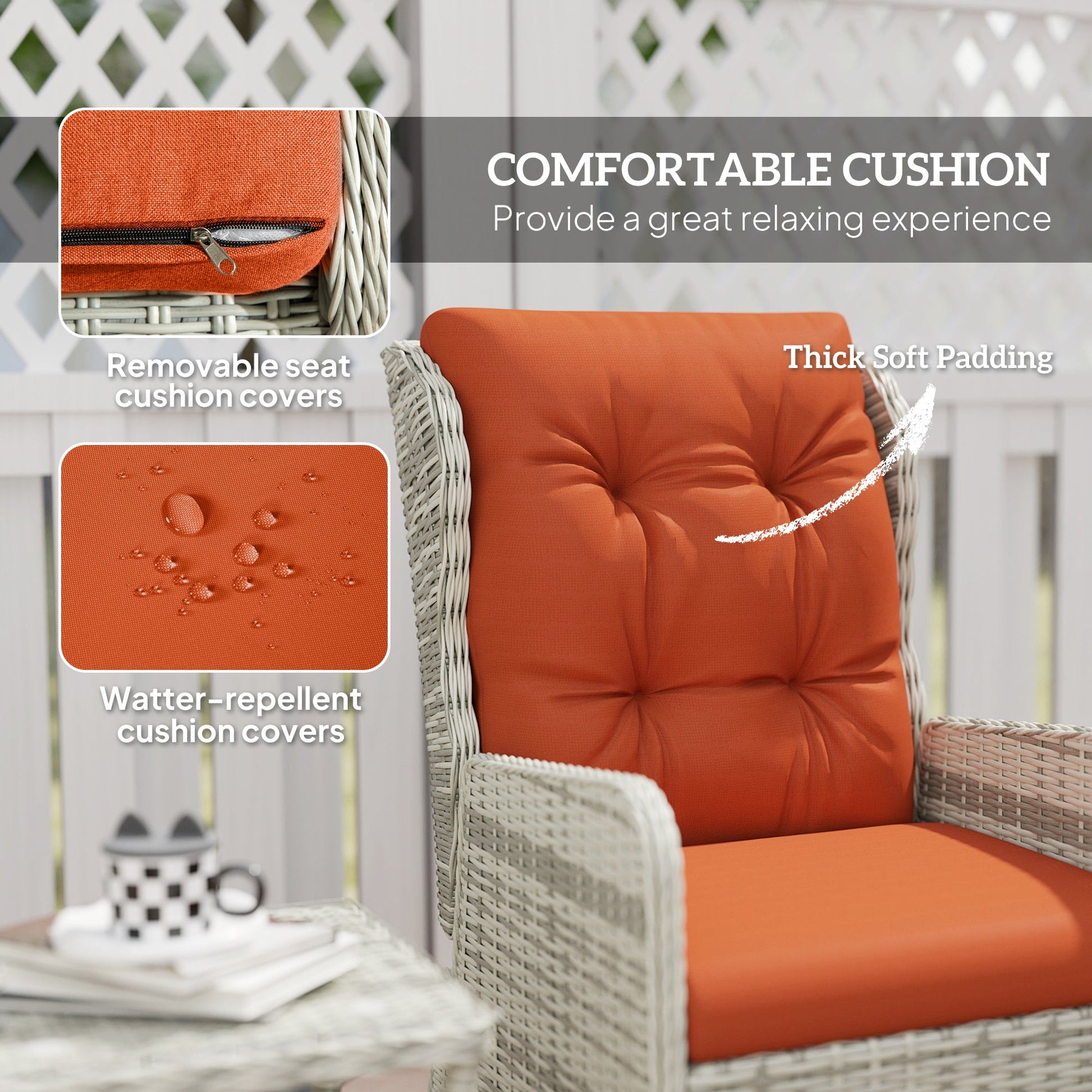 5 Pieces Rattan Bistro Set with Adjustable Back, Reclining Wicker Balcony Furniture with Cushions, Glass Top Coffee Table and Footstools, Outdoor Table and Chairs, Orange
