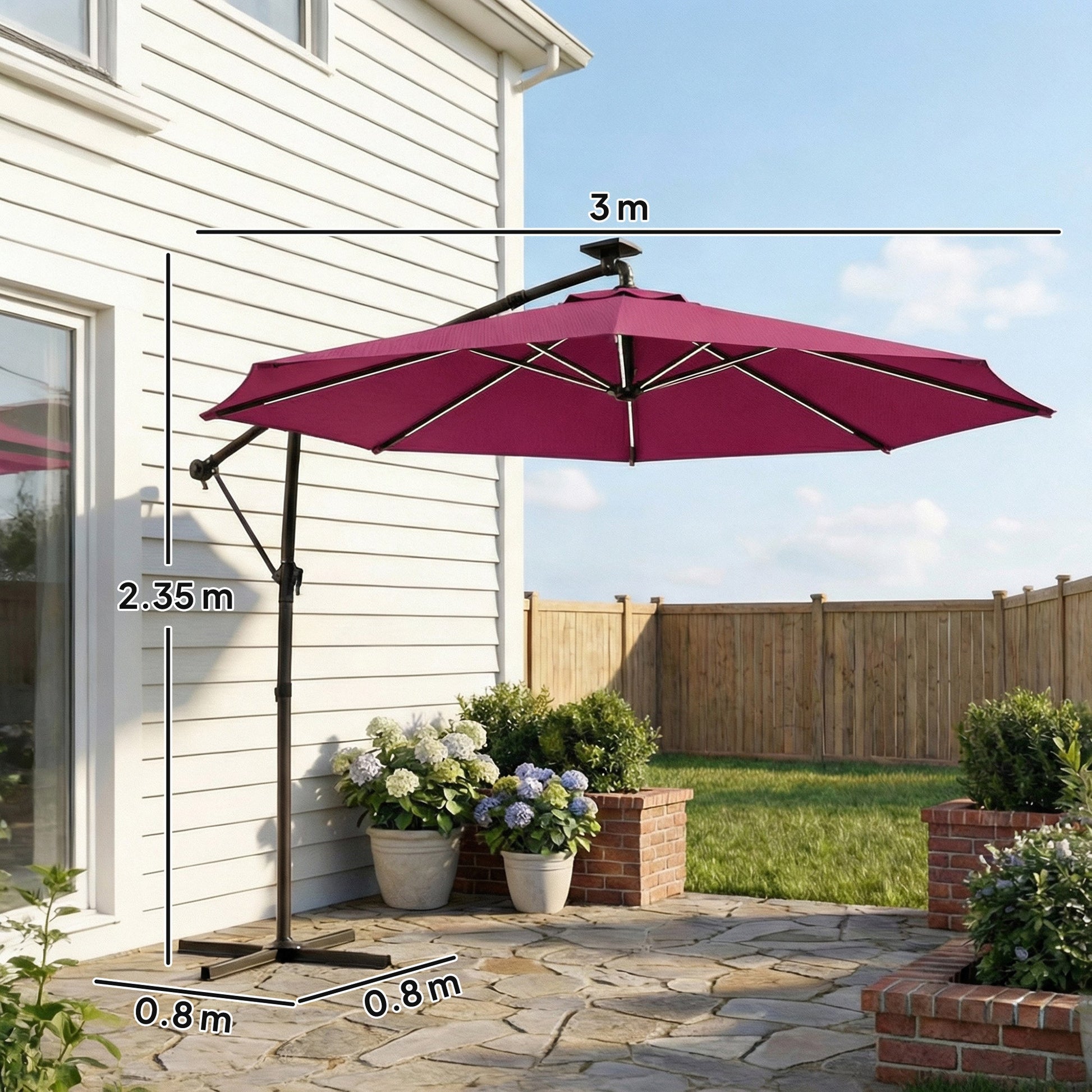 3 m Garden Cantilever Parasol with LED Solar Light, Round Overhanging Umbrella with 6-Position 360° Rotation, Crank Handle, Tilt, Cover, Banana Patio Umbrella for Outdoor Sun Shade, Wine Red