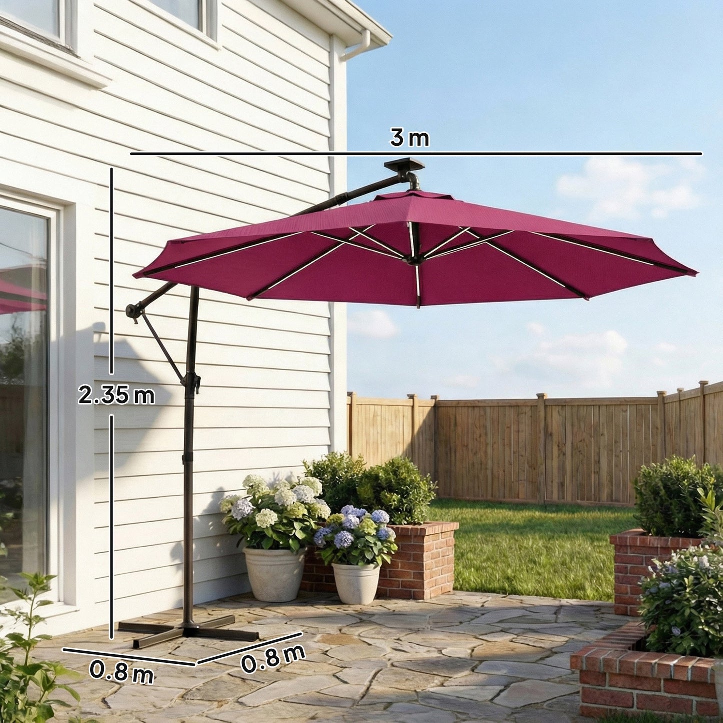 3 m Garden Cantilever Parasol with LED Solar Light, Round Overhanging Umbrella with 6-Position 360° Rotation, Crank Handle, Tilt, Cover, Banana Patio Umbrella for Outdoor Sun Shade, Wine Red