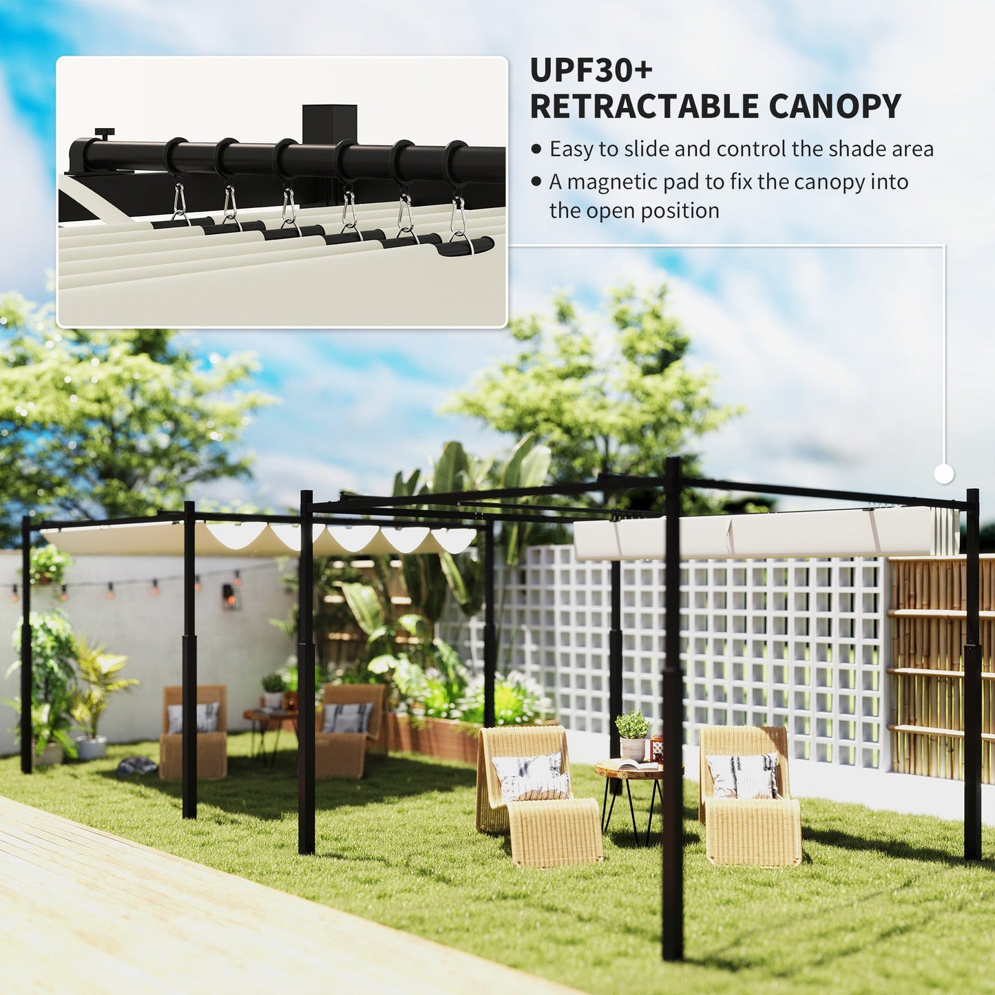 3 x 3(m) Metal Pergola with Retractable Roof and Magnetic Fixture, Outdoor Gazebo Garden Pergola Kit Sun Shade Canopy, UPF30+, 80mm Metal Column, Cream White