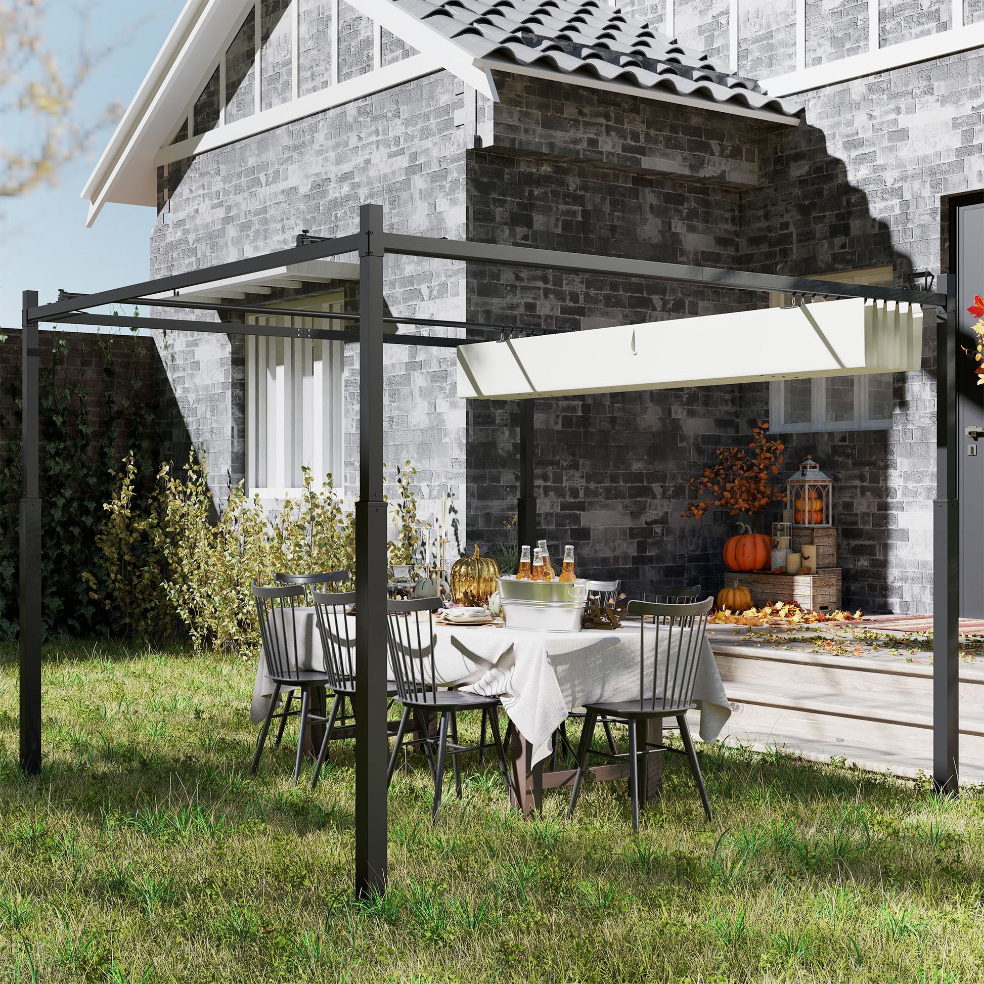 3 x 3(m) Metal Pergola with Retractable Roof and Magnetic Fixture, Outdoor Gazebo Garden Pergola Kit Sun Shade Canopy, UPF30+, 80mm Metal Column, Cream White