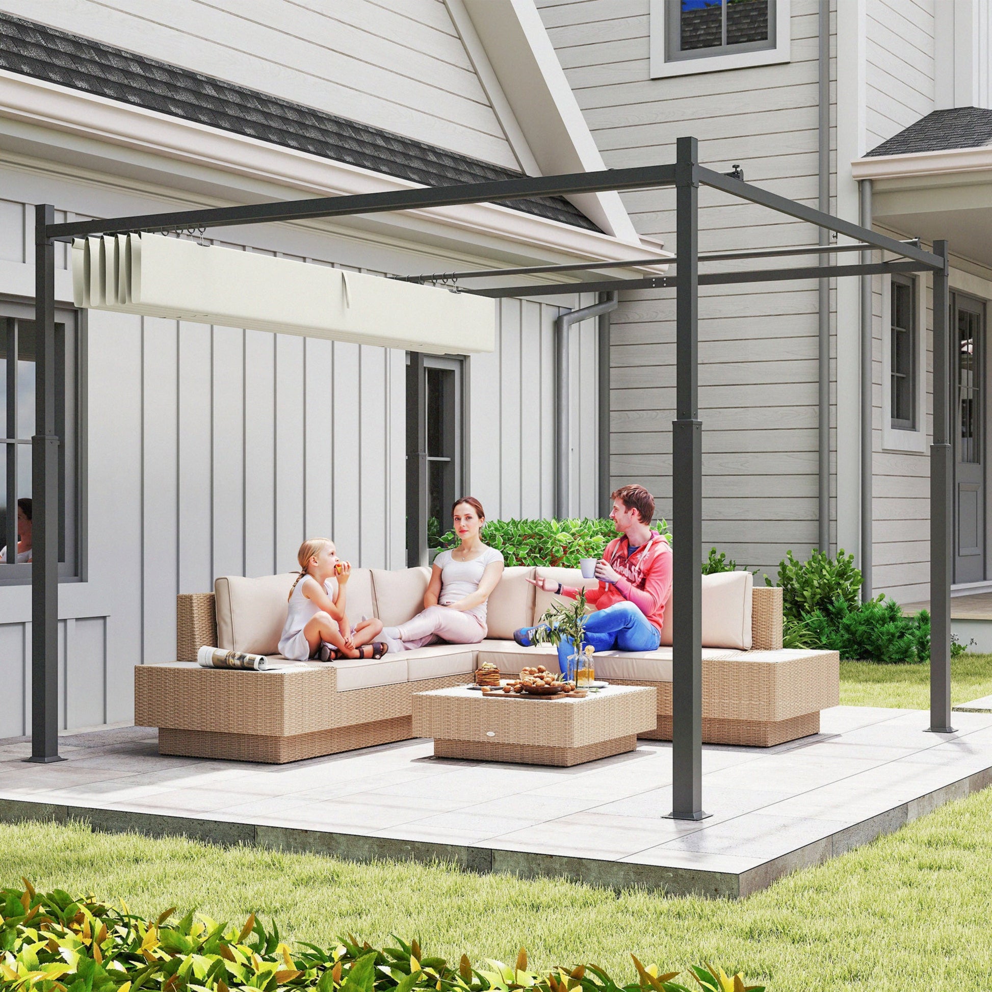 3 x 3(m) Metal Pergola with Retractable Roof and Magnetic Fixture, Outdoor Gazebo Garden Pergola Kit Sun Shade Canopy, UPF30+, 80mm Metal Column, Cream White