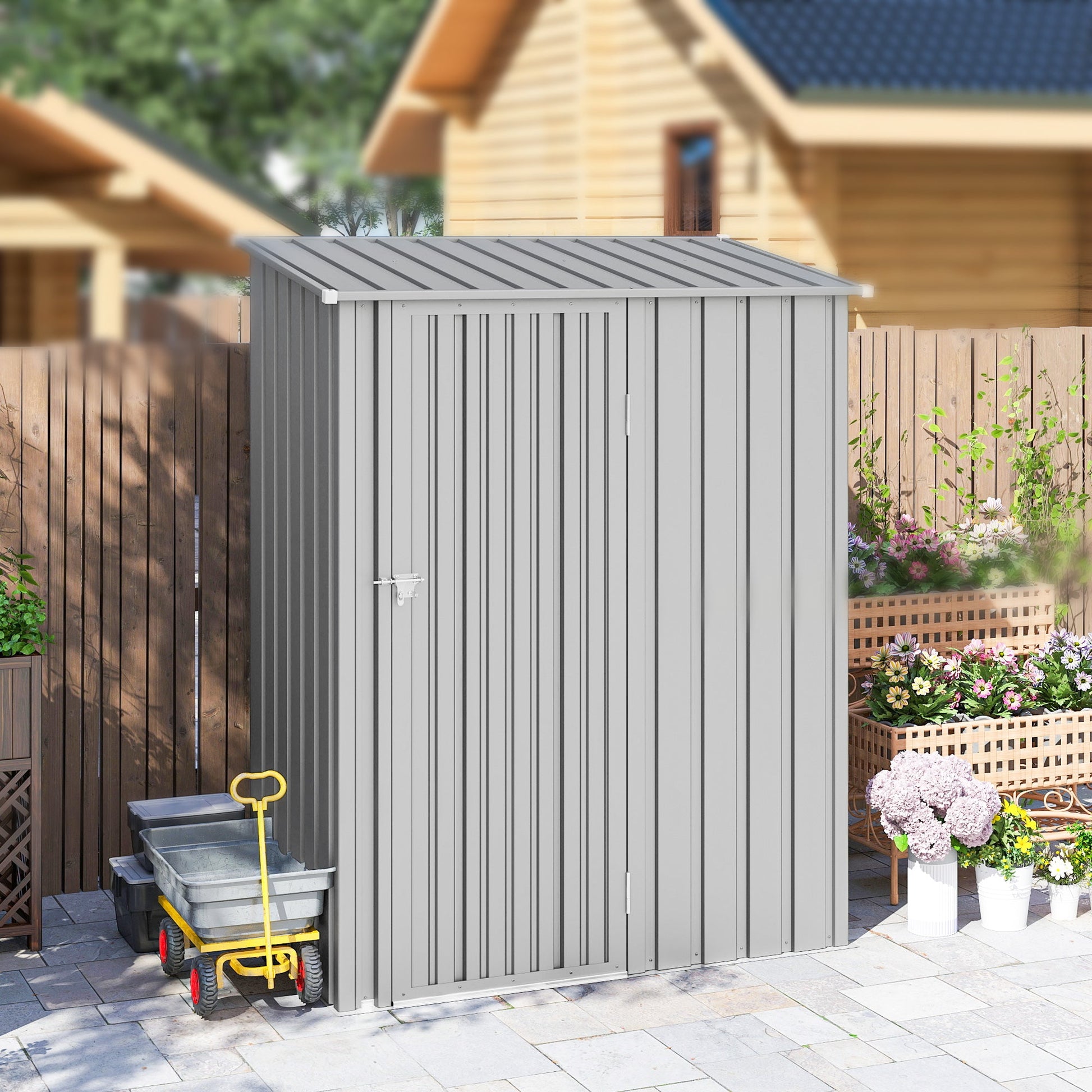 5ft x 3ft Garden Storage Shed, Outdoor Metal Shed with Sloped Roof, Lockable Door for Tools, Equipment, Aluminium Grey