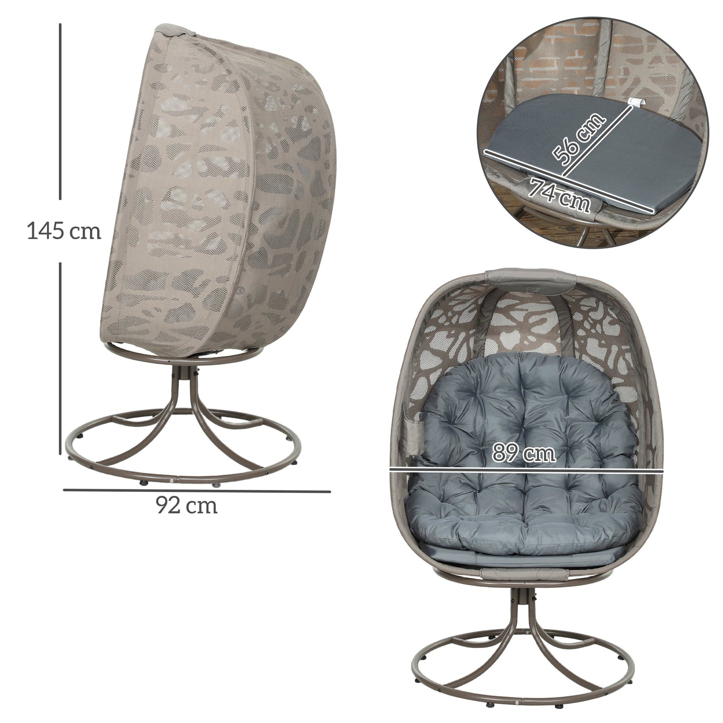 Swivel Egg Chair with Cushions, Foldable Basket Seat and Metal Frame, Indoor Outdoor Lounge Chair for Balcony, Patio and Living Room, Grey