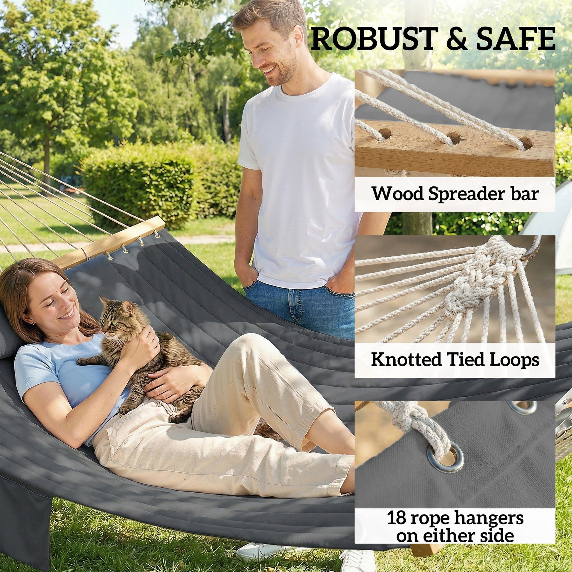Double Hammock 2-Person with Pillow and Pad, Extra Large 200 x 140 cm, Load Capacity 200 kg, Swing Bed for Patio Porch Garden Lounging Outdoor and Indoor Grey