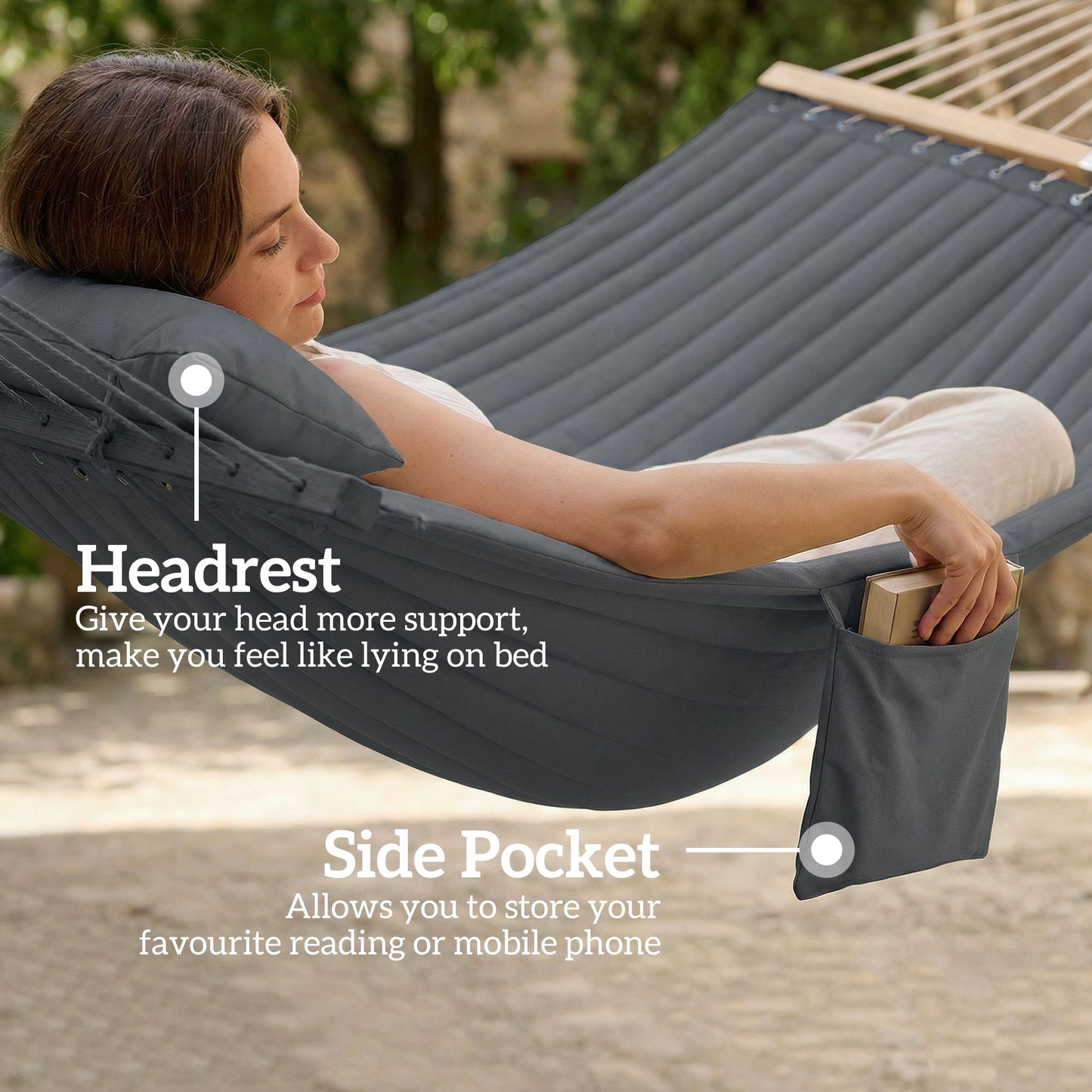 Double Hammock 2-Person with Pillow and Pad, Extra Large 200 x 140 cm, Load Capacity 200 kg, Swing Bed for Patio Porch Garden Lounging Outdoor and Indoor Grey