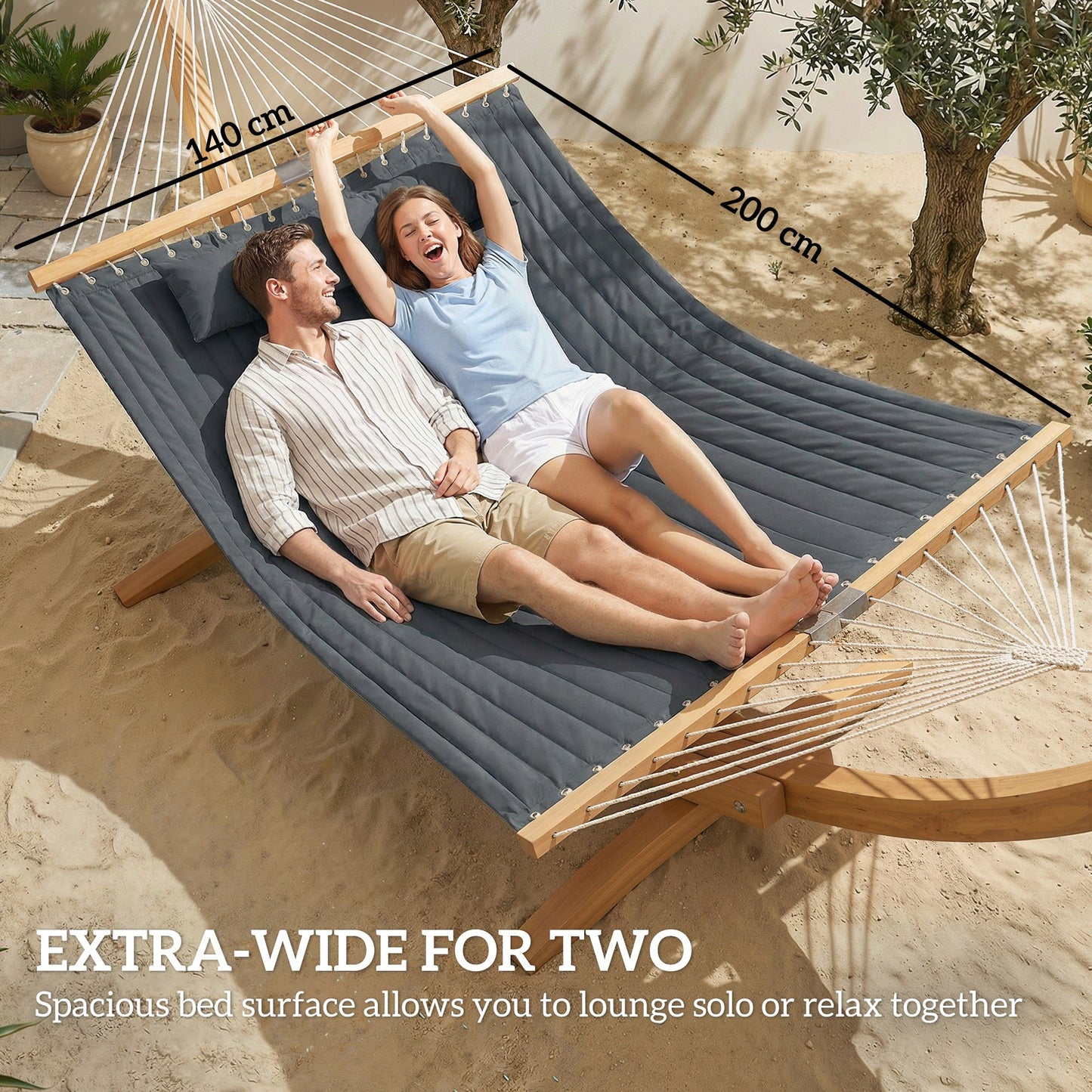 Double Hammock 2-Person with Pillow and Pad, Extra Large 200 x 140 cm, Load Capacity 200 kg, Swing Bed for Patio Porch Garden Lounging Outdoor and Indoor Grey