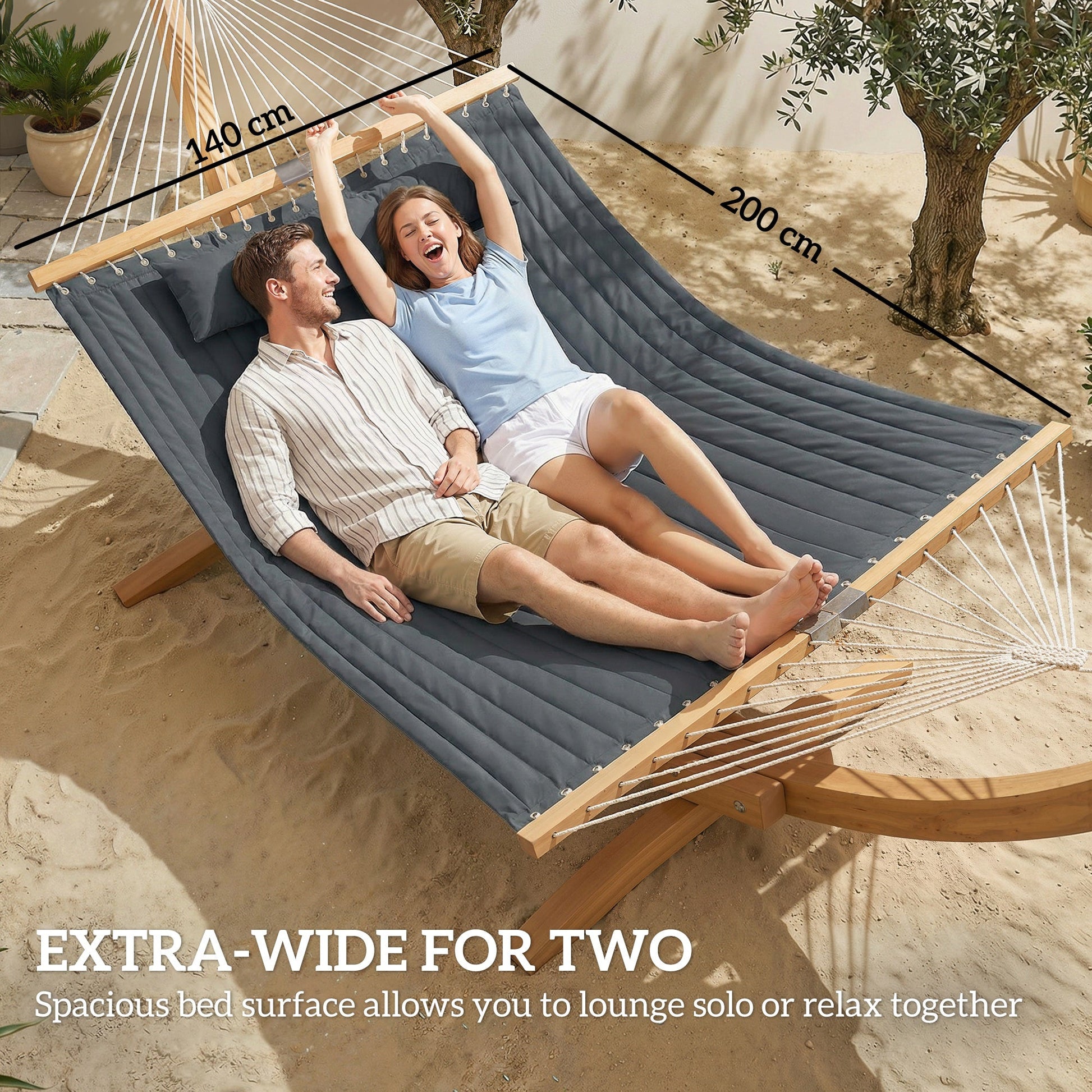 Double Hammock 2-Person with Pillow and Pad, Extra Large 200 x 140 cm, Load Capacity 200 kg, Swing Bed for Patio Porch Garden Lounging Outdoor and Indoor Grey