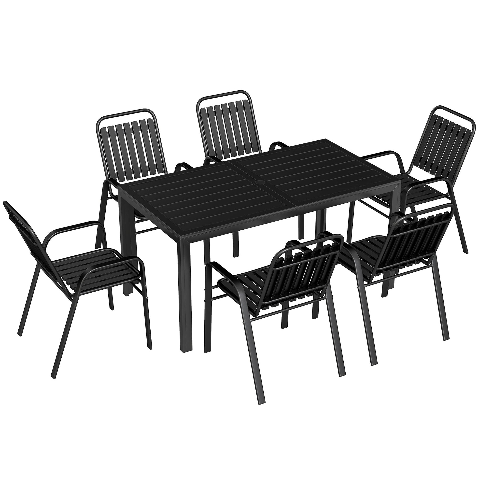 Garden Table and Chairs Set for 6 with Umbrella Hole, 7 Pieces Outdoor Dining Set with Rectangular Metal Slatted Tabletop and Stackable Chairs for Patio Porch, Black