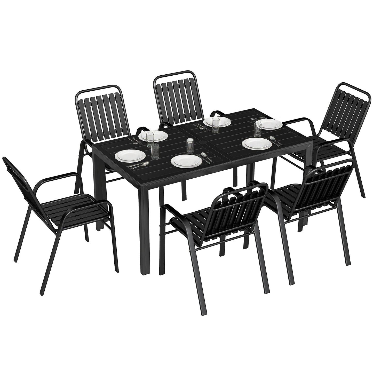 Garden Table and Chairs Set for 6 with Umbrella Hole, 7 Pieces Outdoor Dining Set with Rectangular Metal Slatted Tabletop and Stackable Chairs for Patio Porch, Black