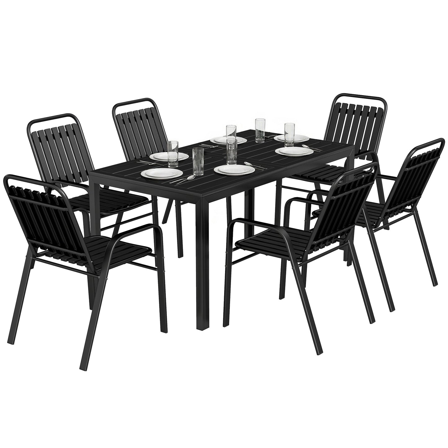 Garden Table and Chairs Set for 6 with Umbrella Hole, 7 Pieces Outdoor Dining Set with Rectangular Metal Slatted Tabletop and Stackable Chairs for Patio Porch, Black