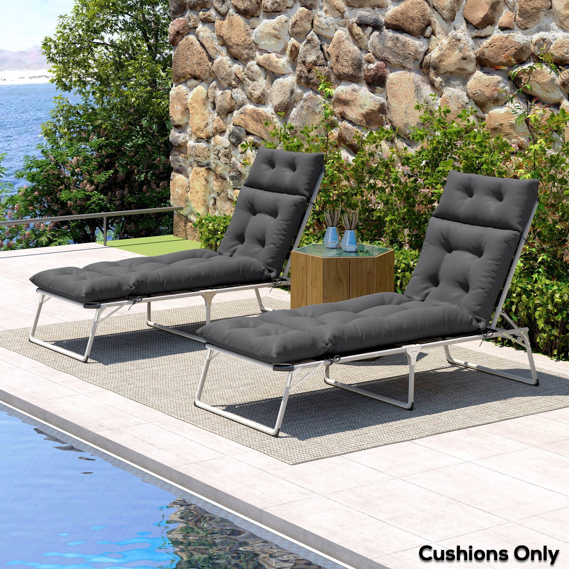 Sun Lounger Cushions Only, 190x56x10cm Garden Lounge Chair Cushions Set of 2, UPF20+ 220gsm Fabric, Thick Sunbed Replacement Pads with 6 Ties, Dark Grey