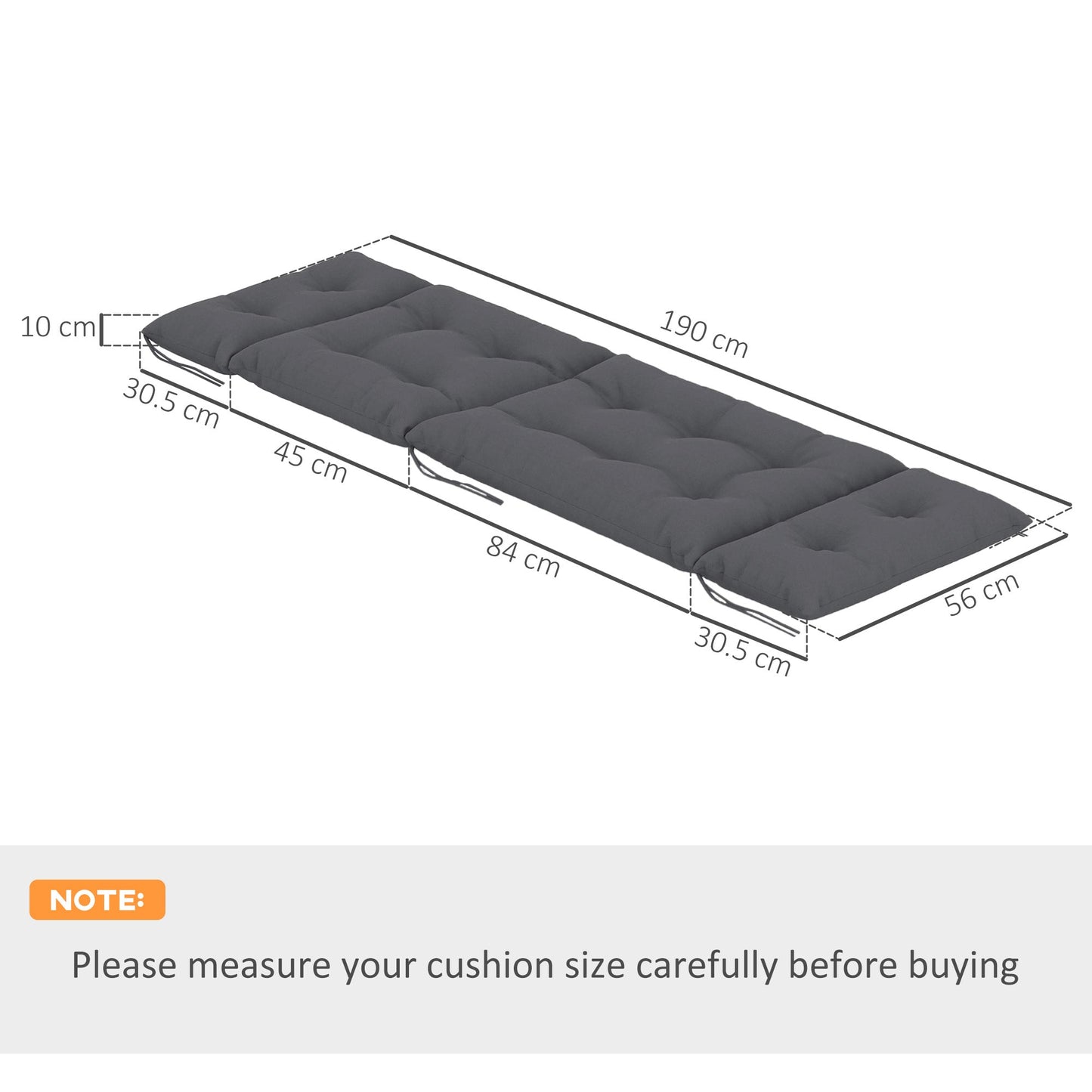 Sun Lounger Cushions Only, 190x56x10cm Garden Lounge Chair Cushions Set of 2, UPF20+ 220gsm Fabric, Thick Sunbed Replacement Pads with 6 Ties, Dark Grey