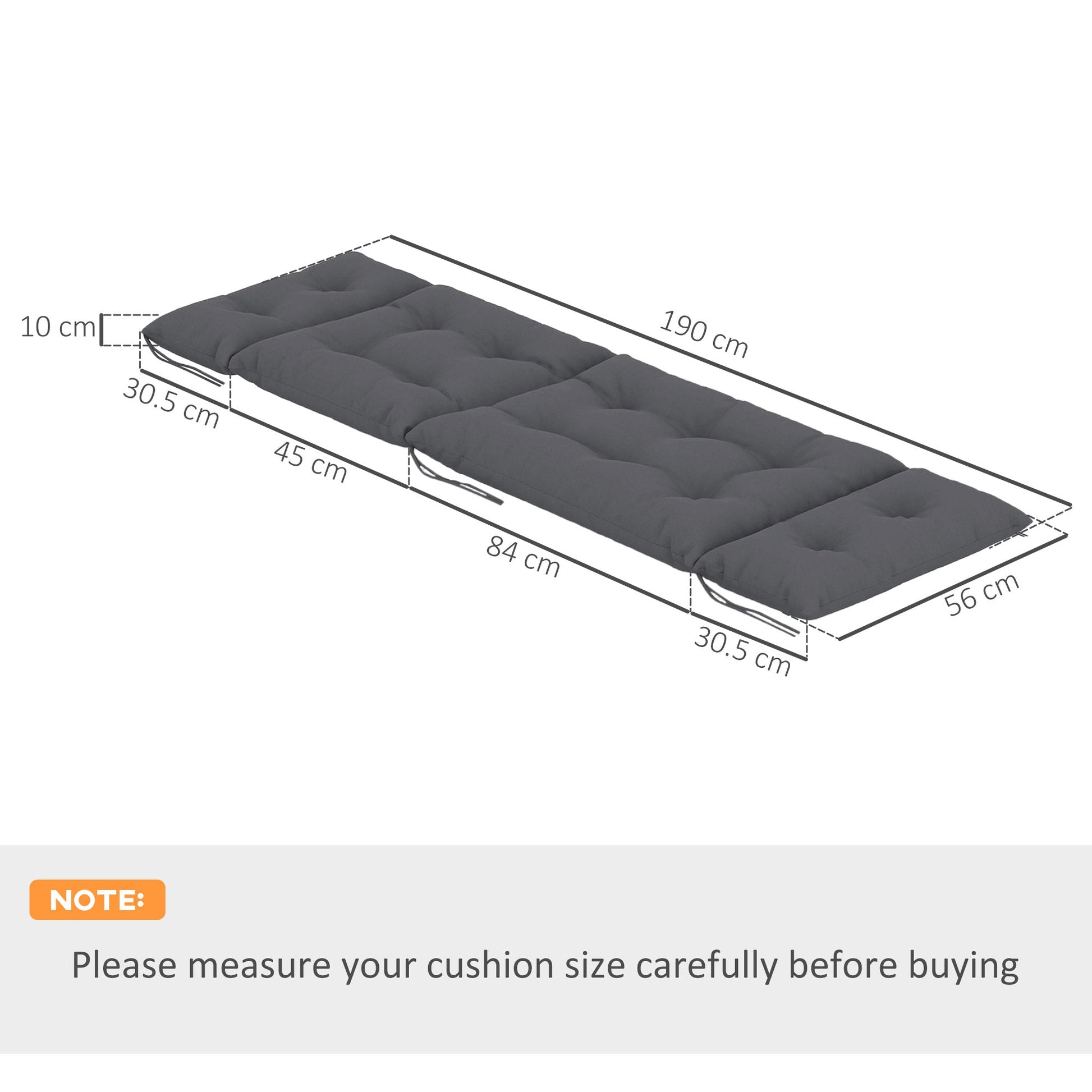 Sun Lounger Cushions Only, 190x56x10cm Garden Lounge Chair Cushions Set of 2, UPF20+ 220gsm Fabric, Thick Sunbed Replacement Pads with 6 Ties, Dark Grey