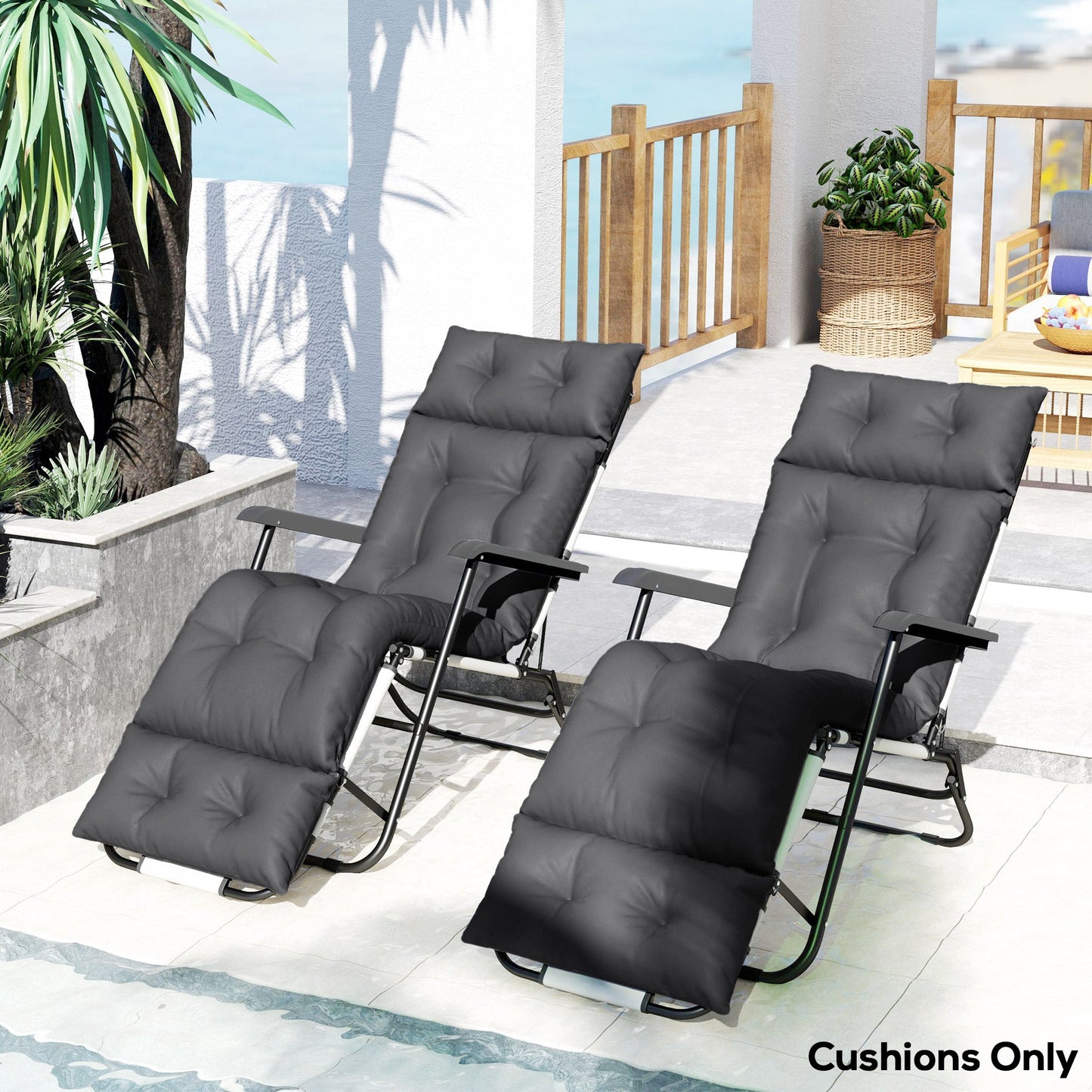 Sun Lounger Cushions Only, 190x56x10cm Garden Lounge Chair Cushions Set of 2, UPF20+ 220gsm Fabric, Thick Sunbed Replacement Pads with 6 Ties, Dark Grey