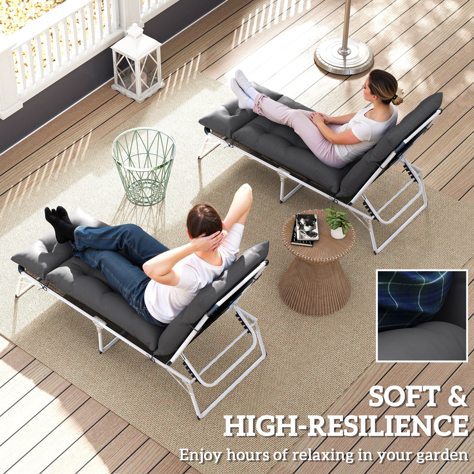 Sun Lounger Cushions Only, 190x56x10cm Garden Lounge Chair Cushions Set of 2, UPF20+ 220gsm Fabric, Thick Sunbed Replacement Pads with 6 Ties, Dark Grey