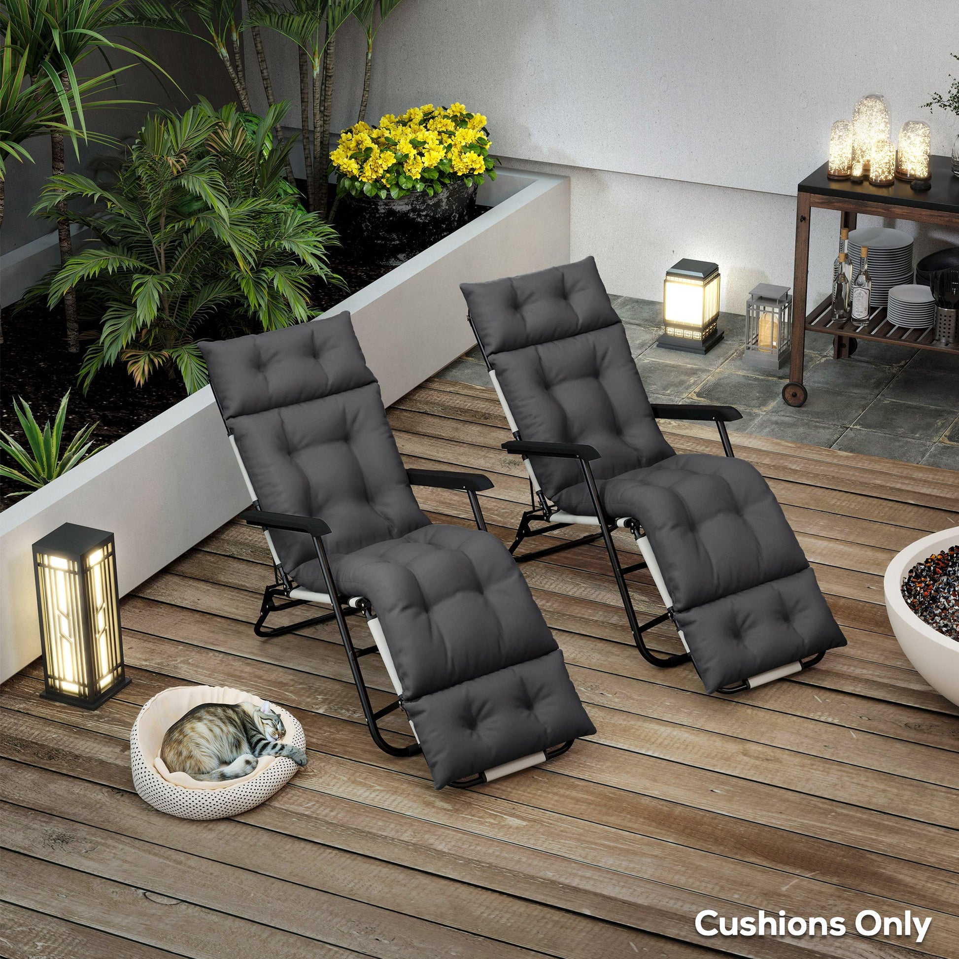 Sun Lounger Cushions Only, 190x56x10cm Garden Lounge Chair Cushions Set of 2, UPF20+ 220gsm Fabric, Thick Sunbed Replacement Pads with 6 Ties, Dark Grey