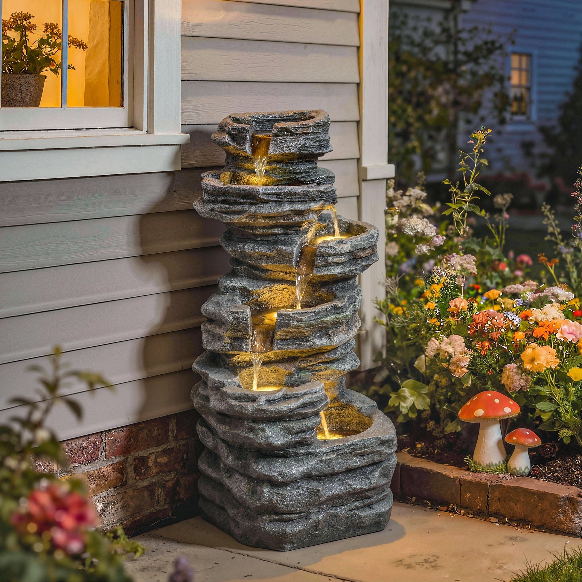 Outdoor Fountain with 6-Tier Rock Design, Cascading Waterfall Feature with LED Lights, Resin Freestanding Garden Fountain for Patio Balcony, Grey