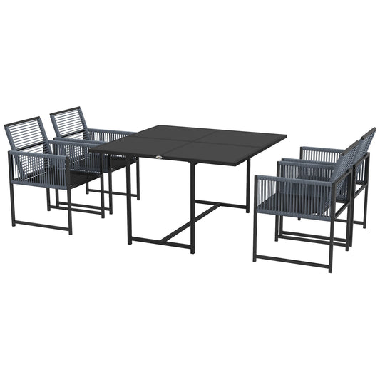 5 Pieces Garden Dining Set, Outdoor Patio Cube Set, 4 Seater Outdoor Table and Chairs with Foldable Backrest, Tempered Glass Top, Handwoven Rope for Poolside, Space-Saving, Dark Grey