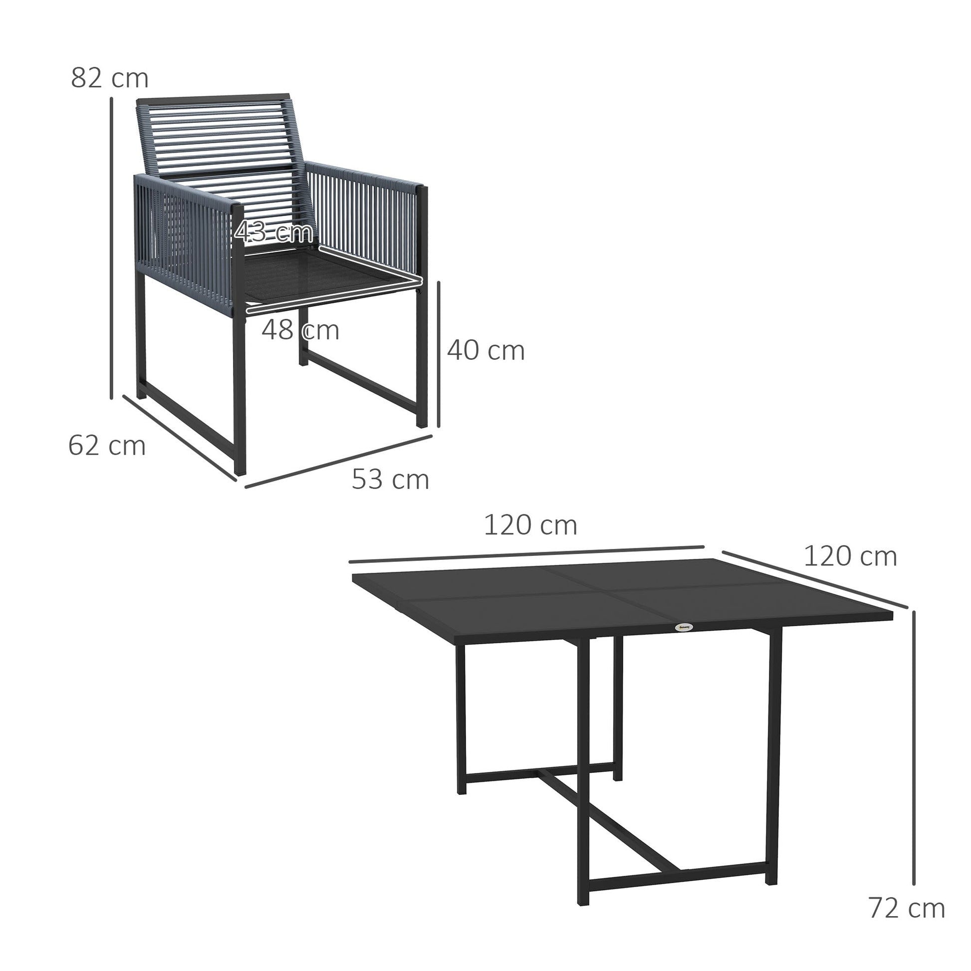 5 Pieces Garden Dining Set, Outdoor Patio Cube Set, 4 Seater Outdoor Table and Chairs with Foldable Backrest, Tempered Glass Top, Handwoven Rope for Poolside, Space-Saving, Dark Grey