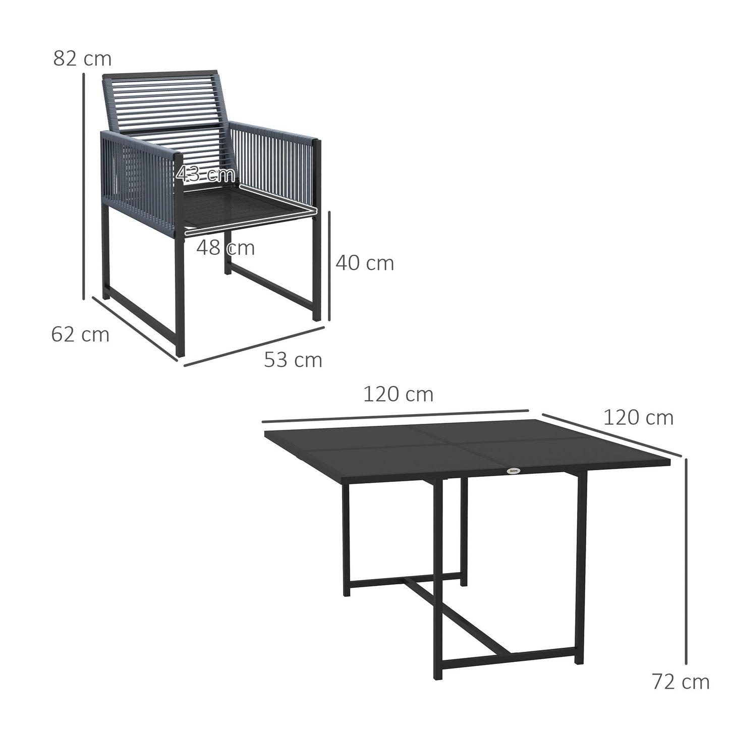 5 Pieces Garden Dining Set, Outdoor Patio Cube Set, 4 Seater Outdoor Table and Chairs with Foldable Backrest, Tempered Glass Top, Handwoven Rope for Poolside, Space-Saving, Dark Grey