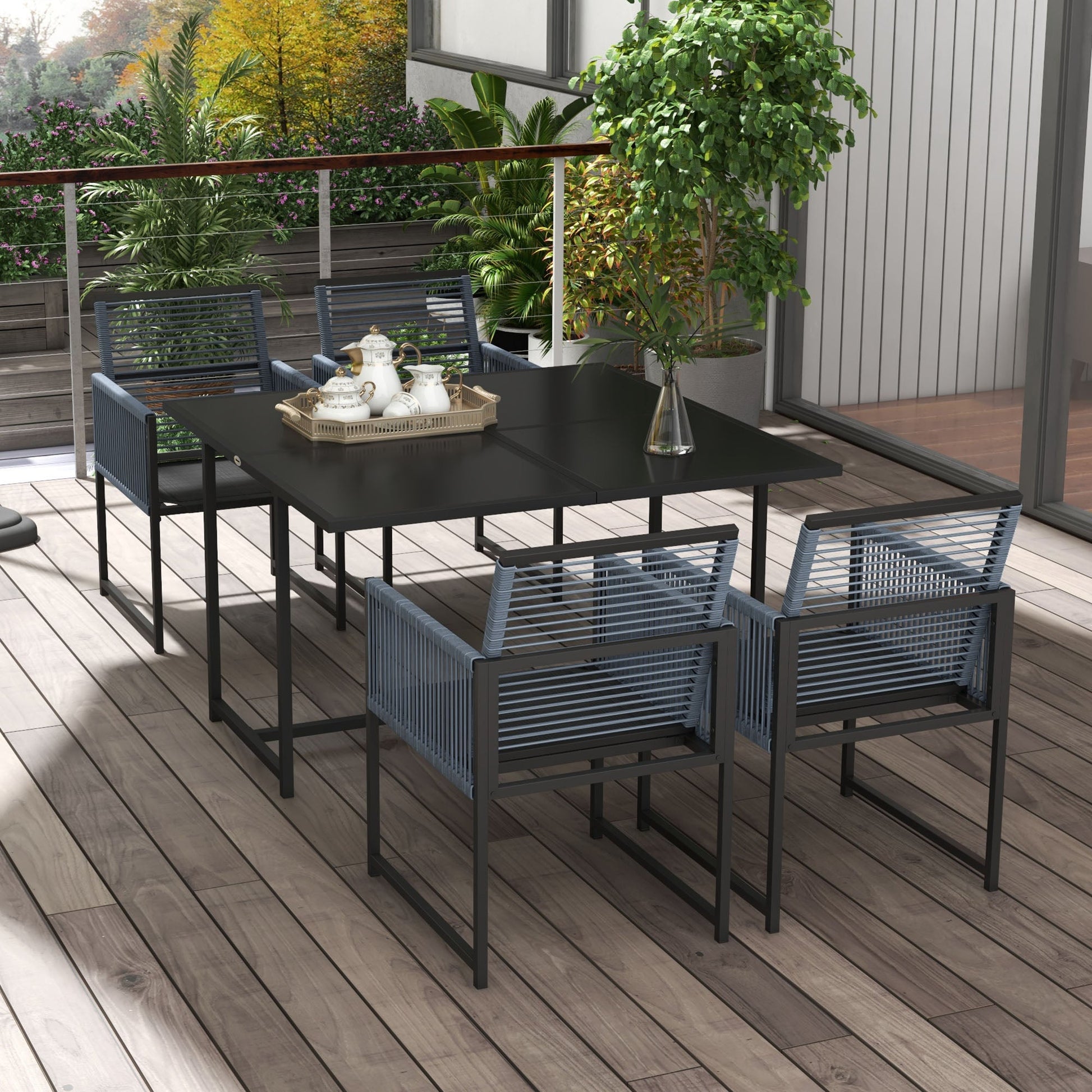 5 Pieces Garden Dining Set, Outdoor Patio Cube Set, 4 Seater Outdoor Table and Chairs with Foldable Backrest, Tempered Glass Top, Handwoven Rope for Poolside, Space-Saving, Dark Grey