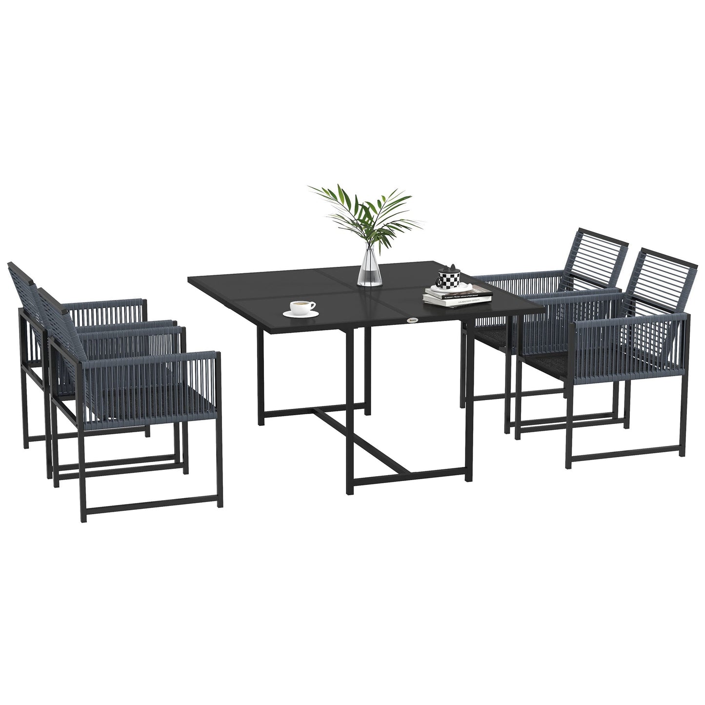 5 Pieces Garden Dining Set, Outdoor Patio Cube Set, 4 Seater Outdoor Table and Chairs with Foldable Backrest, Tempered Glass Top, Handwoven Rope for Poolside, Space-Saving, Dark Grey