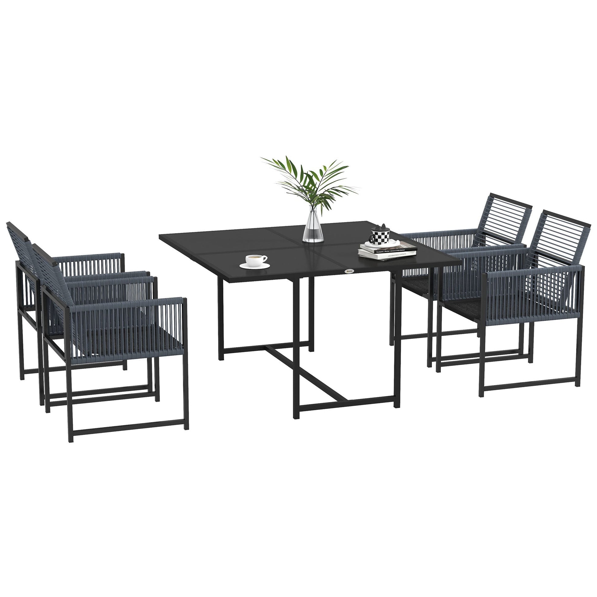 5 Pieces Garden Dining Set, Outdoor Patio Cube Set, 4 Seater Outdoor Table and Chairs with Foldable Backrest, Tempered Glass Top, Handwoven Rope for Poolside, Space-Saving, Dark Grey