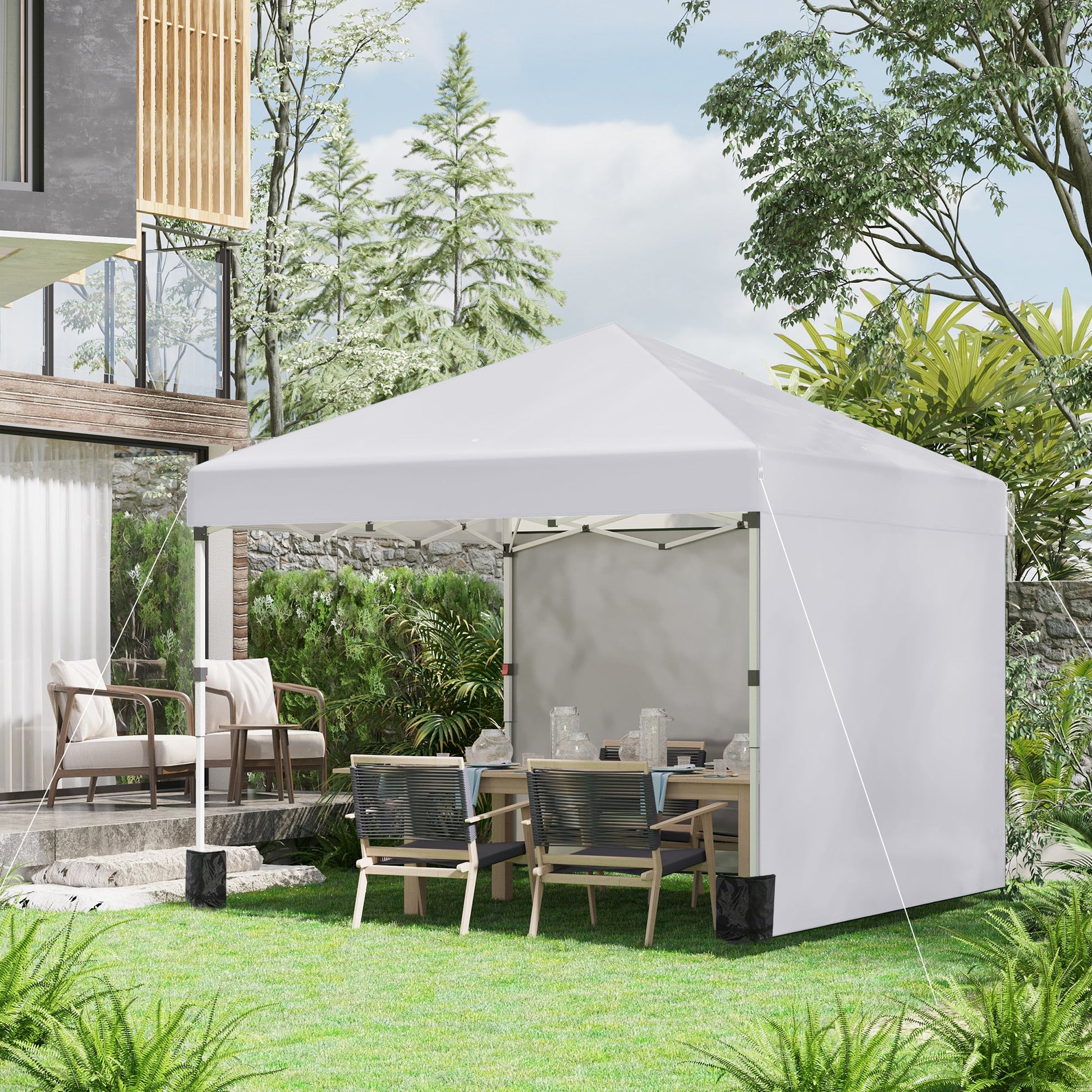 3 x 3 (M) Pop Up Gazebo, UPF 30+ with 2 Sidewalls, Leg Weight Bags and Wheeled Bag, Height Adjustable Party Tent Event Shelter for Garden, Patio, White