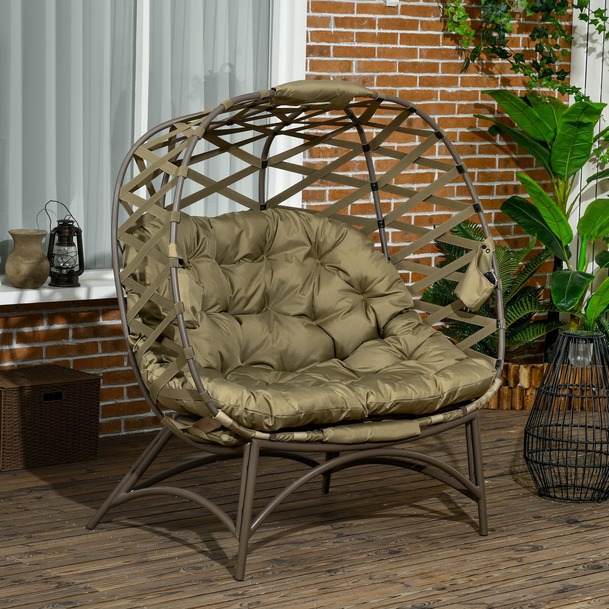 Egg Chair Outdoor, 2 Seater Folding Weave Garden Furniture Chair with Cushion, Cup Pockets for Patio Balcony - Khaki