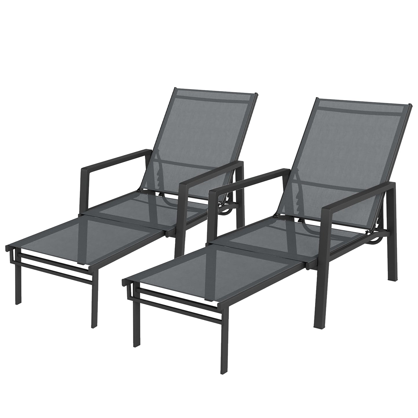 Sun Loungers Set of 2 with Retractable Footrest, 5-Position Adjustable Reclining Garden Lounger, Garden Chaise Lounge Sunbed Recliner Chair w/ Steel Frame for Beach, Porch, Patio, Dark Grey