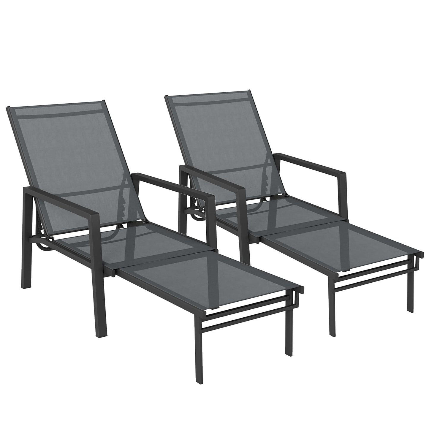 Sun Loungers Set of 2 with Retractable Footrest, 5-Position Adjustable Reclining Garden Lounger, Garden Chaise Lounge Sunbed Recliner Chair w/ Steel Frame for Beach, Porch, Patio, Dark Grey