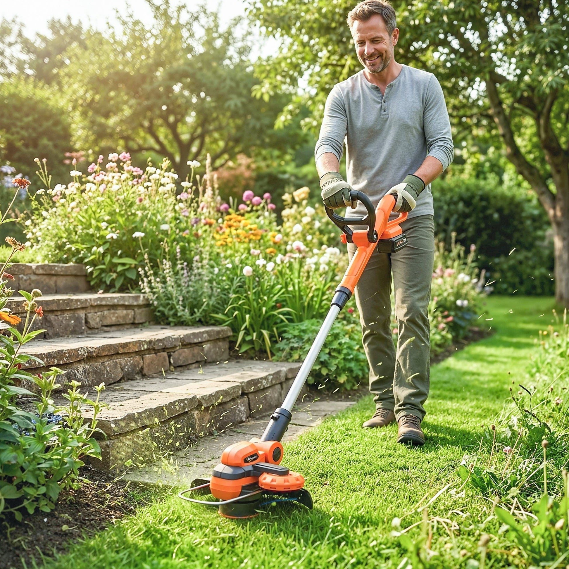 Cordless Strimmer with 2 x 4.0Ah Lithium Batteries & Charger, 2-in-1 Lightweight Cordless Grass Trimmer and Lawn Edger with Adjustable Pole, Head & Handle, 8000 RPM, 25cm Cutting Width