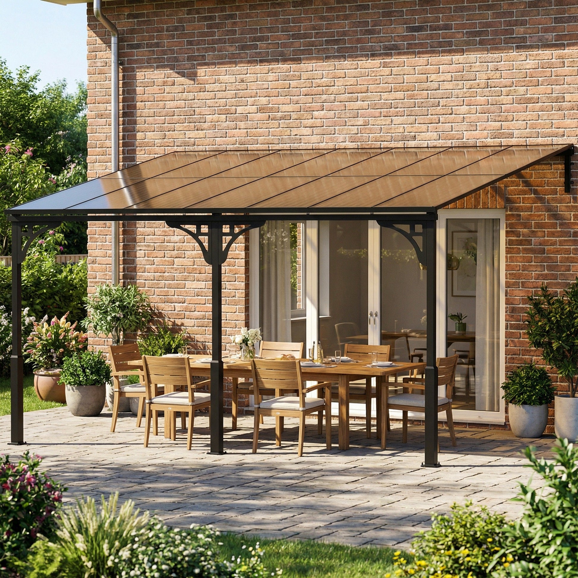 4 x 3 m Metal Lean-to Pergola, Wall-Mounted Garden Pergola with Polycarbonate Roof and Metal-Aluminium Frame, Heavy Duty Hardtop Gazebo for Outdoor Patios, BBQ, Brown