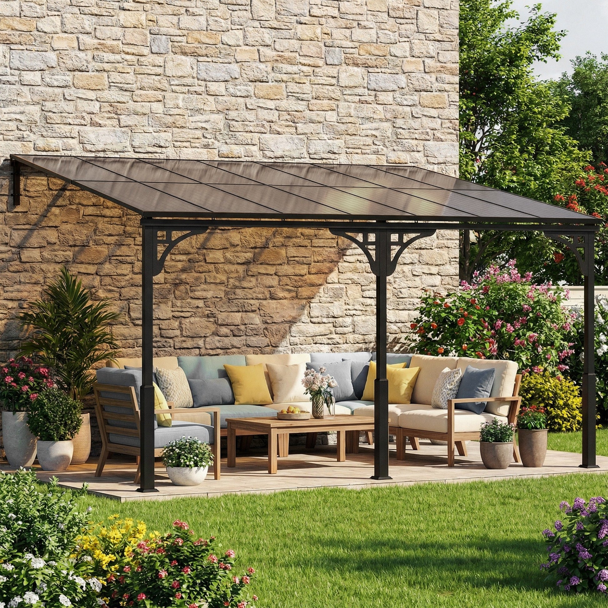 4 x 3 m Metal Lean-to Pergola, Wall-Mounted Garden Pergola with Polycarbonate Roof and Metal-Aluminium Frame, Heavy Duty Hardtop Gazebo for Outdoor Patios, BBQ, Brown
