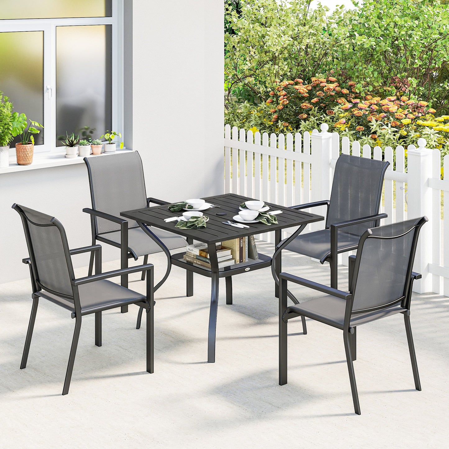 5 Pieces Garden Dining Set for 4, Patio Table and Stackable Chairs with Breathable Mesh Seat and Parasol Hole, Garden Furniture Set with Steel Frame for Garden, Dark Grey
