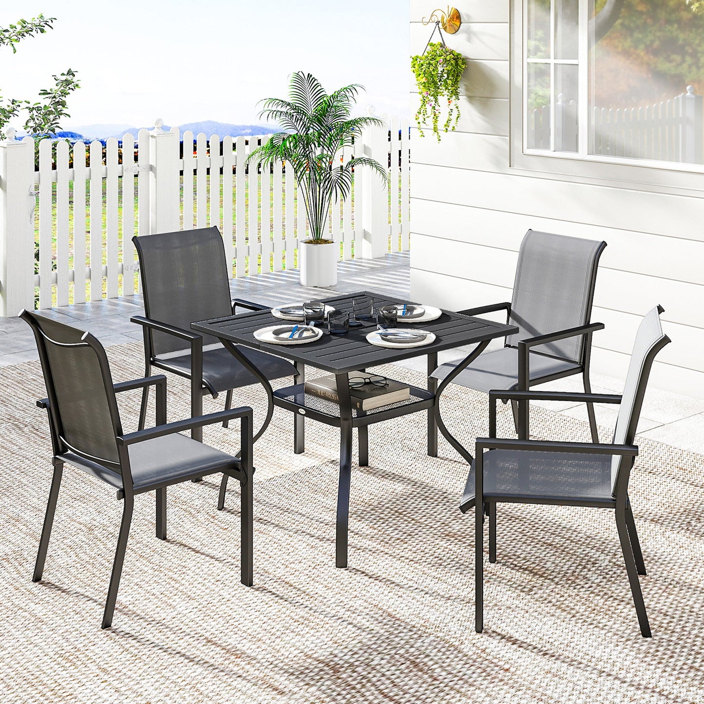 5 Pieces Garden Dining Set for 4, Patio Table and Stackable Chairs with Breathable Mesh Seat and Parasol Hole, Garden Furniture Set with Steel Frame for Garden, Dark Grey